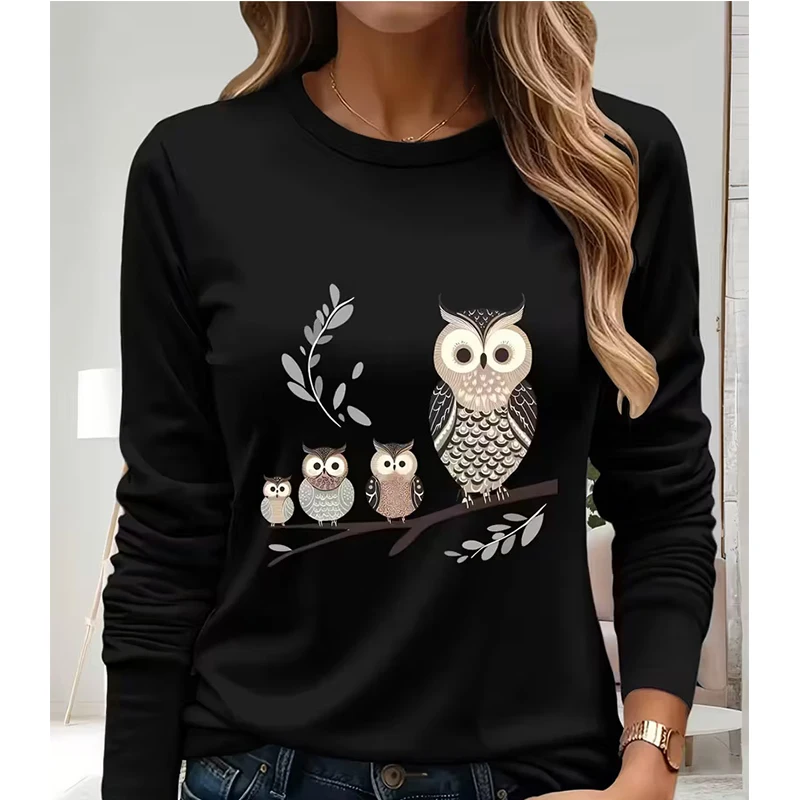 Tee Graphic Print - 올빼미 패턴이 들어간 캐주얼한 긴팔 티셔츠,